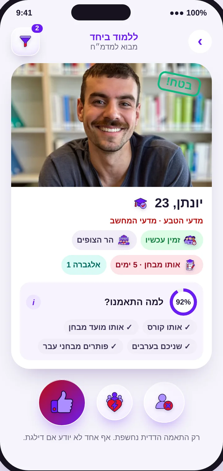 כרטיס של שותף אפשרי עם אחוז התאמה